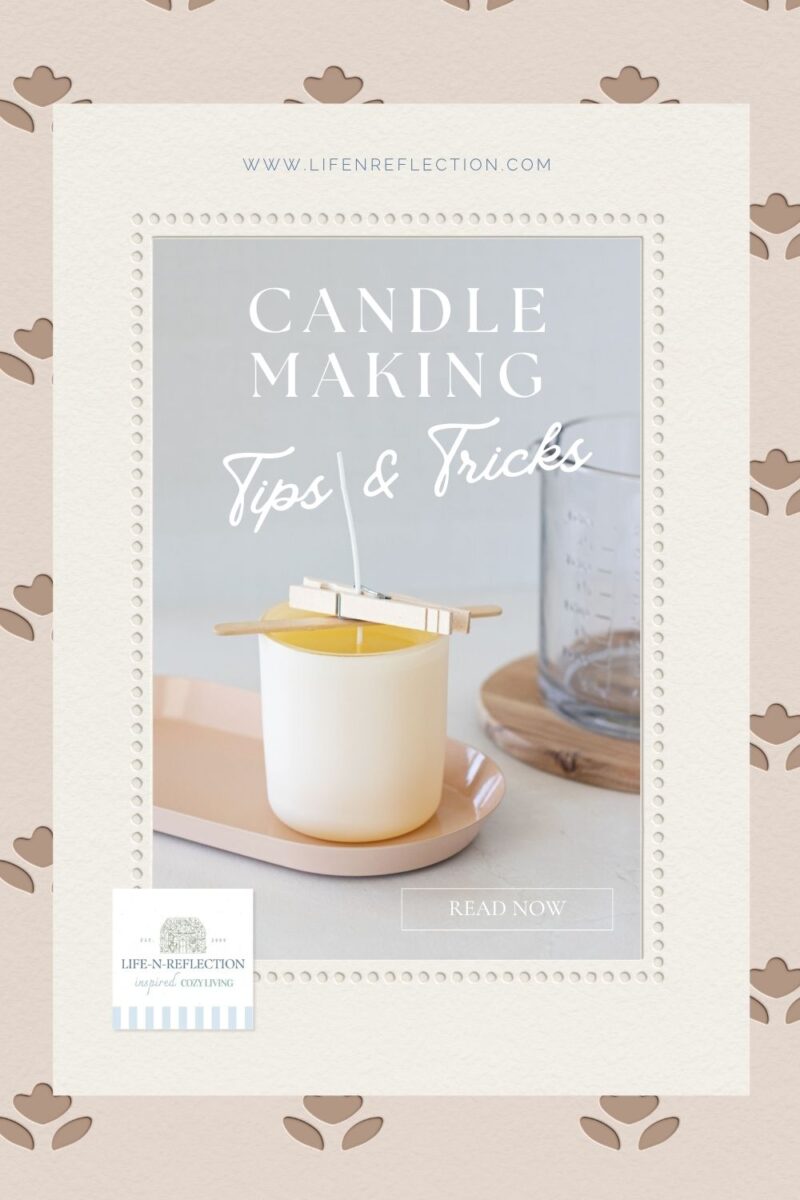Hand pouring candles, a candle jar just filled with melted wax on a tray with a wick centering device with text that reads: Candle Making Tips and Tricks