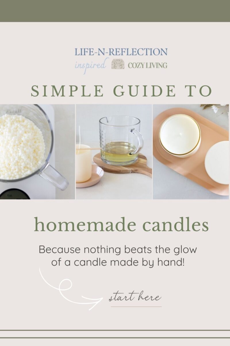 collage of weighing candle wax, melting candle wax, and homemade candles with text that reads: Simple Guide To Homemade Candles
