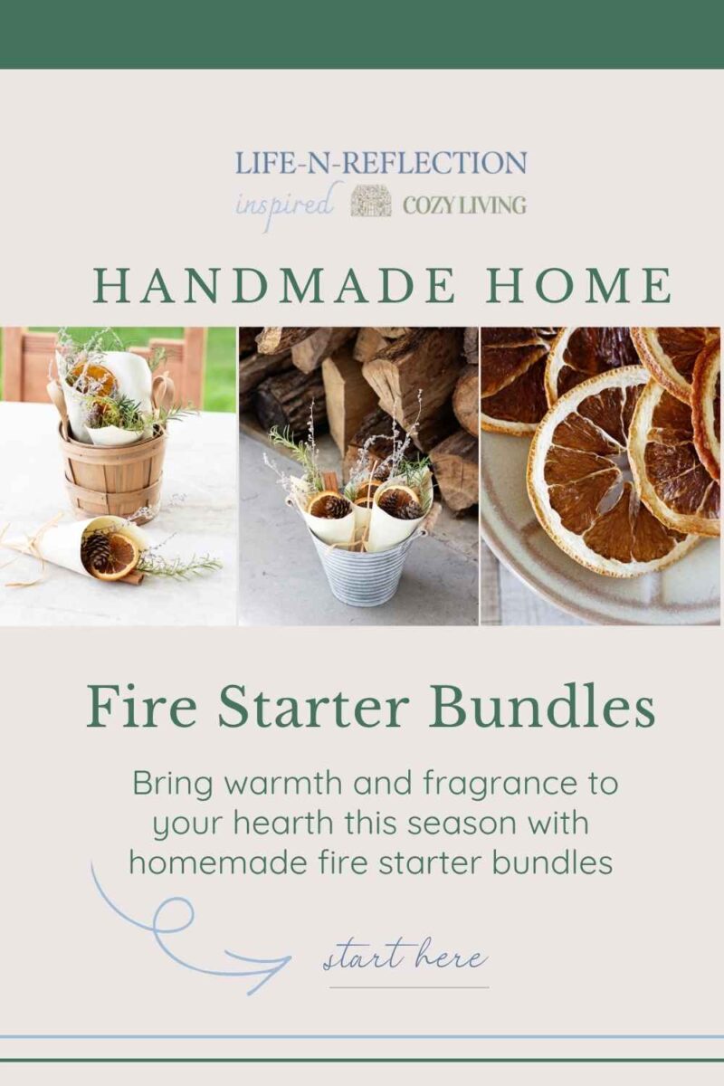 collage of homemade fire starter bundles, supplies, and gift ideas with text overlay that reads: Handmade Home Fire Starter Bundles