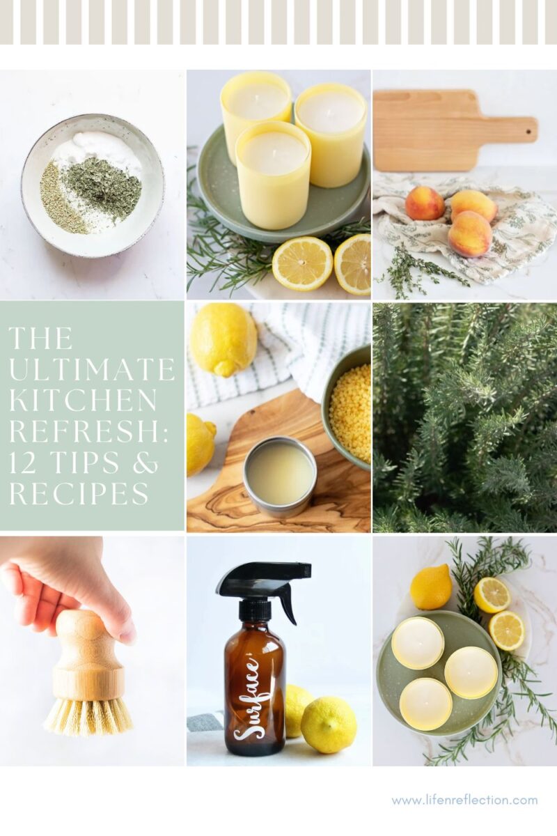 collage of homemade kitchen cleaners and cleaning tools